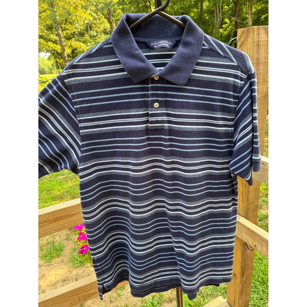 Roundtree & Yorke Striped Polo Shirt Men's Medium Blue Cotton Golf Casual Preppy